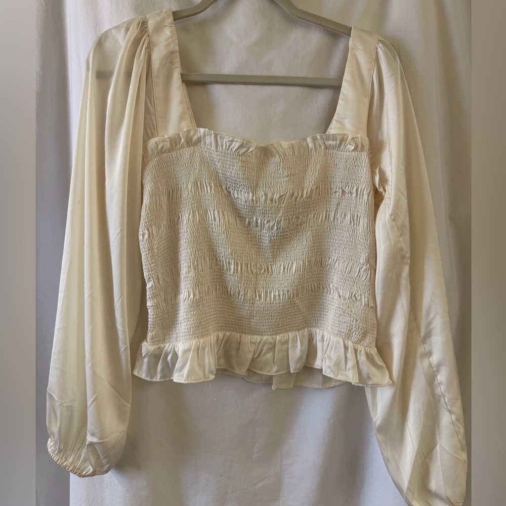 DO+BE Cream Smocked Blouse with Ruffle Hem